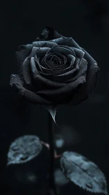 Single dark rose with dew against low key background.