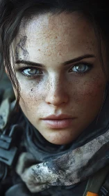 Battle-worn female soldier close-up portrait in gear.