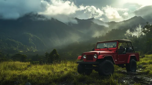 Red off-road jeep illuminated in misty backlit mountain valley