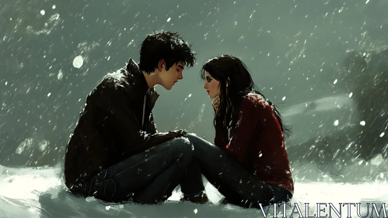 Two Figures Embrace in Snowfall: Digital Narrative of Connection.