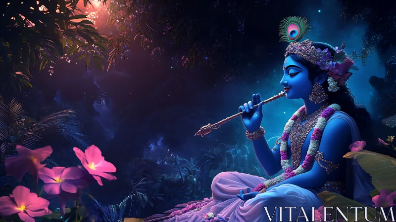 Nocturnal blue deity with flute in bioluminescent jungle.