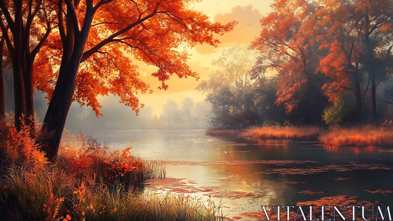 Autumn shoreline with trees reflected on calm lake surface.