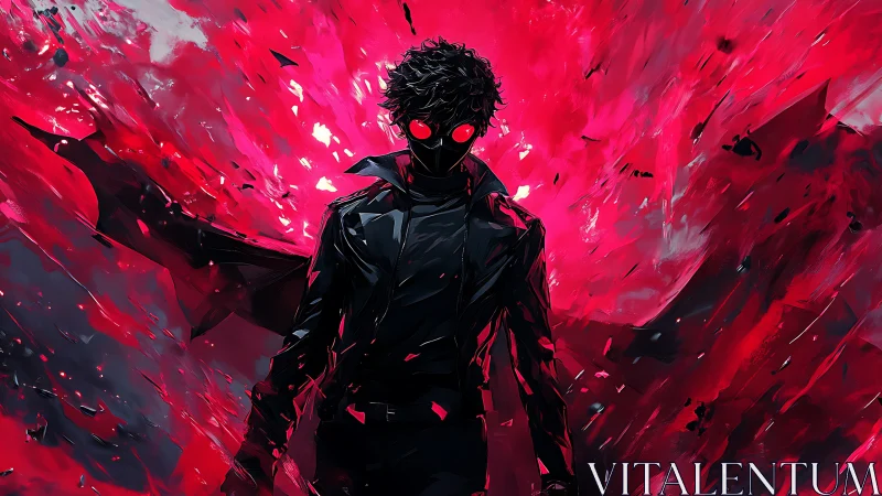 Shadowed antihero emerges amid explosive crimson energy.