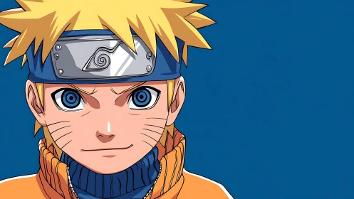 Blond anime ninja boy portrait on solid blue background.