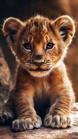 Golden lion cub portrait with dramatic warm lighting.