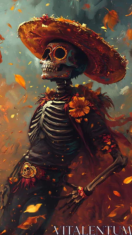 Skeleton cavalier twirls through a blazing autumn fiesta