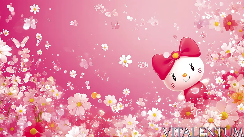 Cute bowed cartoon cat peeks through sparkling pink flowers