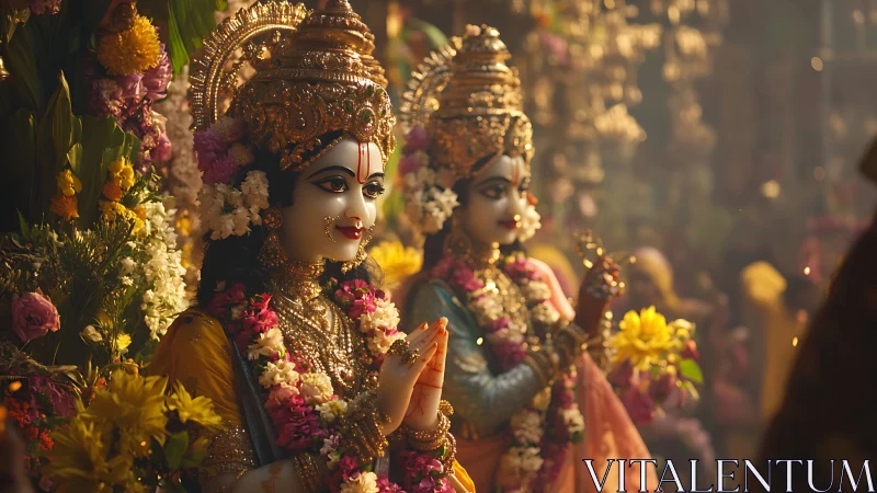 Garlanded temple deities glowing in fragrant golden haze.