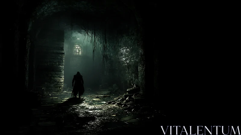 Shadowed wanderer stalks a moss-dark, forsaken dungeon corridor.