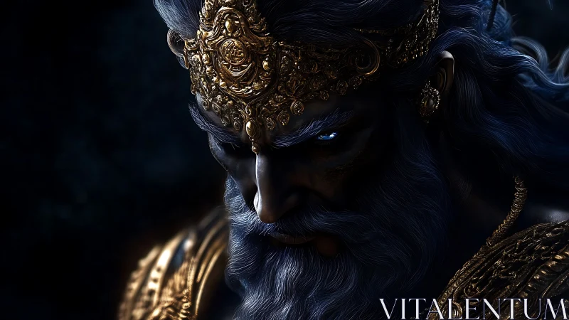 Storm-eyed god-king broods beneath a crown of molten dusk