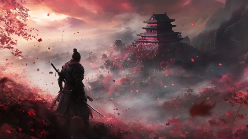 Samurai overlooking misty fortress amid red foliage.