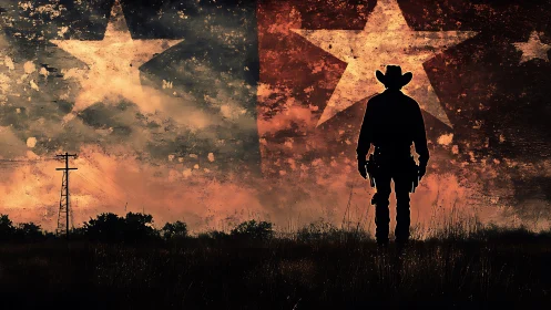 Lone cowboy silhouette under a bold, weathered Texas sky.