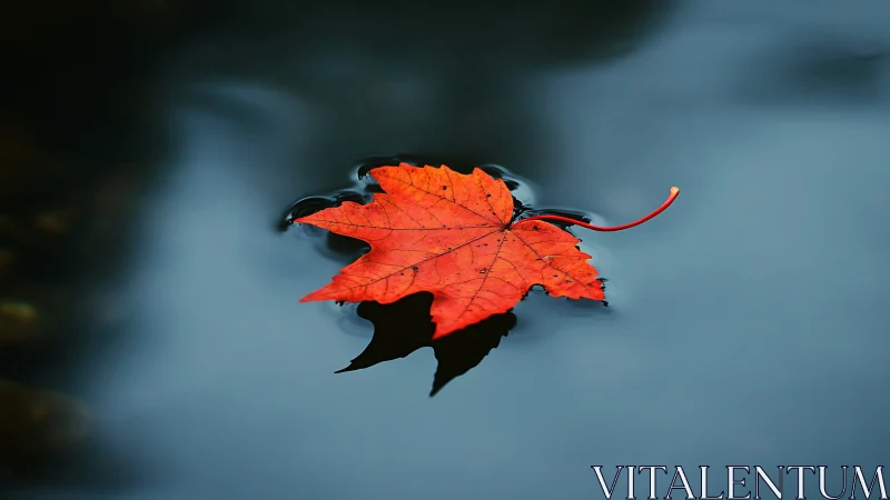 Solitary red maple leaf drifts calmly across dark water