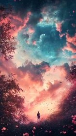 Solitary figure walks into a radiant dreamlike sky portal