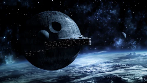 Moon-sized war sphere drifts ominously above frozen world