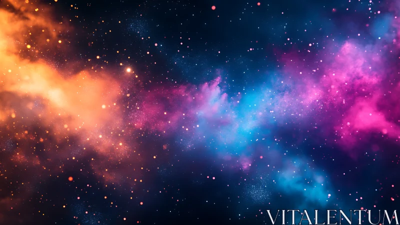 Cosmic nebula clouds glow in vivid pink, blue, and gold.