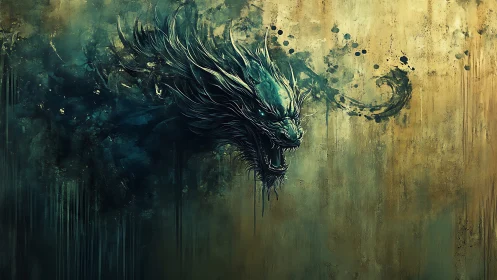 Ethereal teal dragon head emerging from abstract paint field