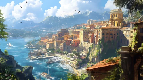 Sunlit coastal town perched above a sparkling blue bay.