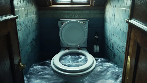 Storm-swirled toilet throne adrift in a tiny tiled sea.