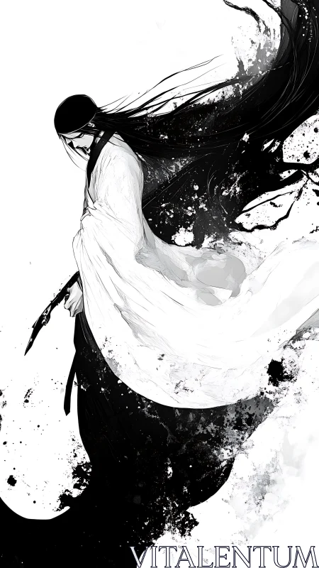 Ink spirit warrior in flowing monochrome robes.