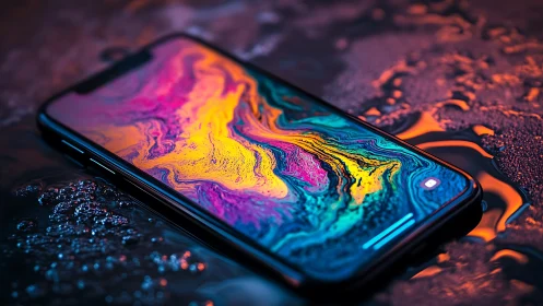 Neon liquid display on smartphone in macro cinematic focus.