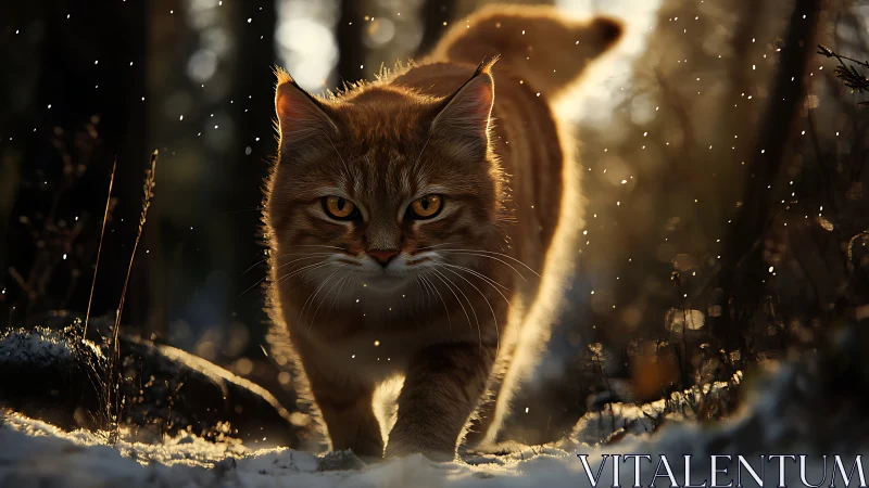 Wild Cat Prowling Through Snowy Wilderness at Golden Hour.