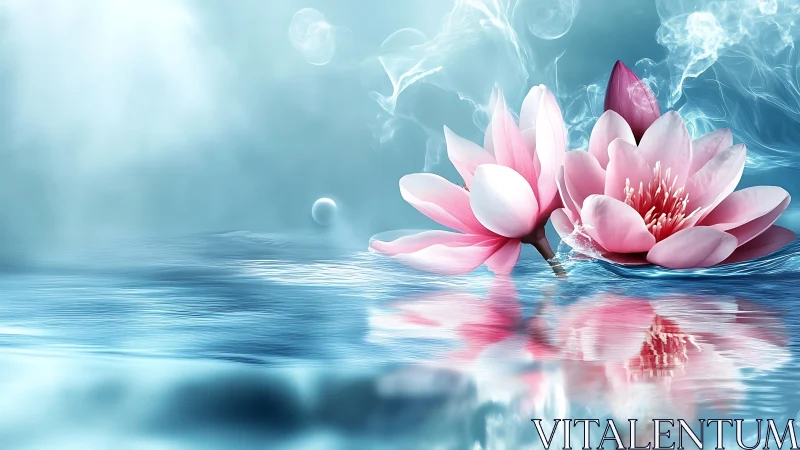 Pastel pink lotus blossoms on reflective cyan water surface.