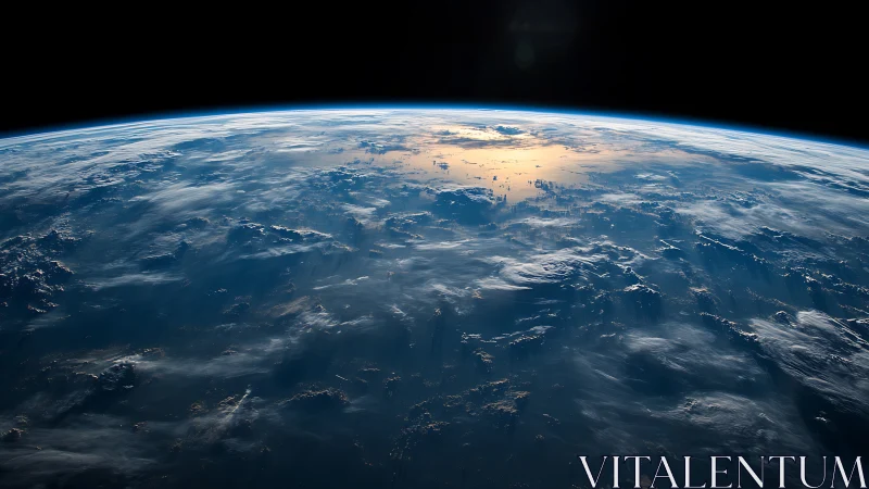 Curved Earth horizon with sunlit clouds above deep ocean.