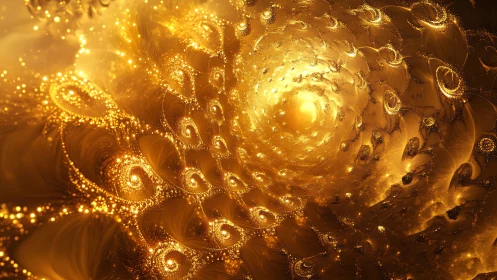 Golden fractal vortex expands inward with luminous spiral clusters