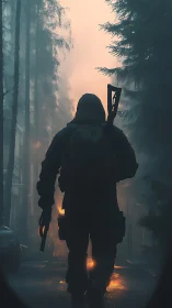 Lone wanderer crossing a misty forest street at dawn.