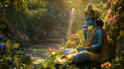 Radiant blue deity resting in a sunlit secret garden.