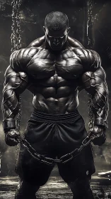 Forged titan lowers his gaze while chains sag in surrender