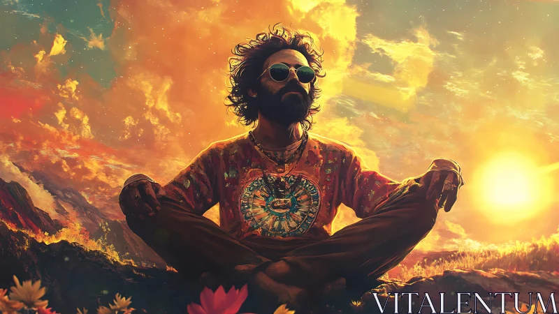 Backlit meditative figure in psychedelic sunset meadow