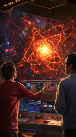 Scientists monitor fiery cosmic energy event from control room.