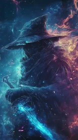 Hooded mage in profile wields bioluminescent spectral blade
