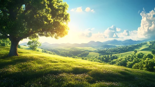 Sunlit hillside tree overlooks rolling green valleys