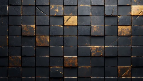 Dark metallic tiles glow with fractured golden highlights