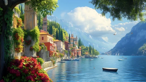 Sunlit lakeside village dreaming beneath misty blue peaks.
