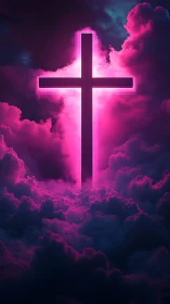 Neon pink cross glows above stormy purple clouds.