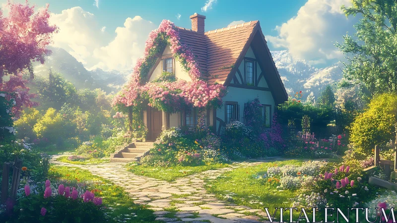 Sunlit cottage amid blooming alpine garden serenity.