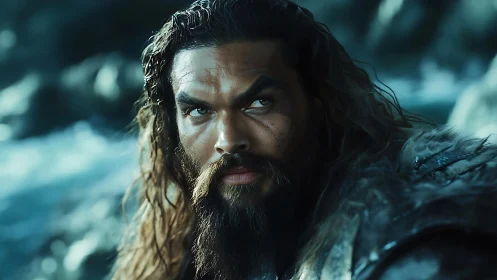 Brooding warrior gazes fiercely across a stormy shore.