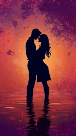 Silhouetted Couple Kissing in Fiery Glow.