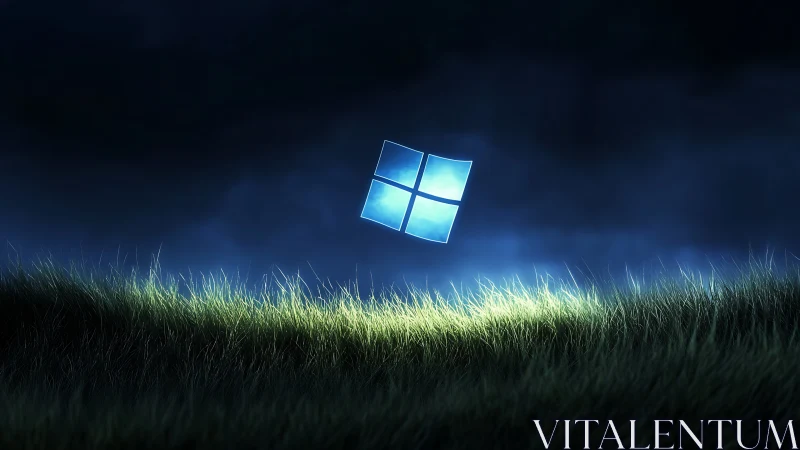 Glowing window logo hovers above illuminated digital grass field