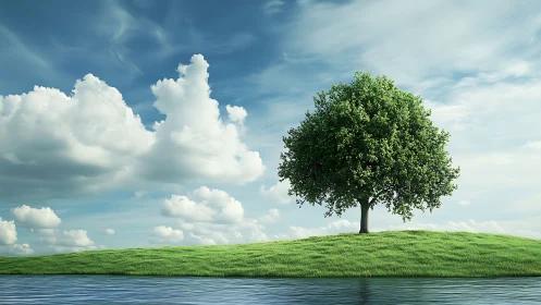 Lone green tree on grassy hill under bright blue sky.