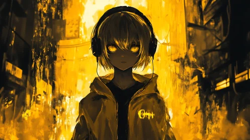 Neon-lit anime figure stands in high-contrast urban corridor