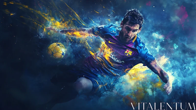 Starlit striker carving galaxies from a blazing football storm.