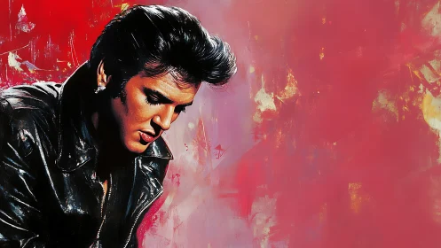 Moody rock icon in leather against vivid crimson haze