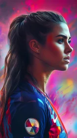 Neon-lit female athlete portrait in dynamic side profile.