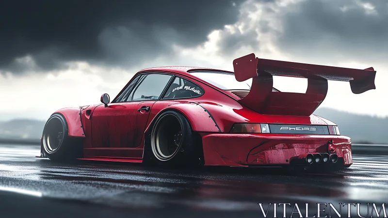 Widebody track-spec red coupe with extreme aero and wet-surface reflections