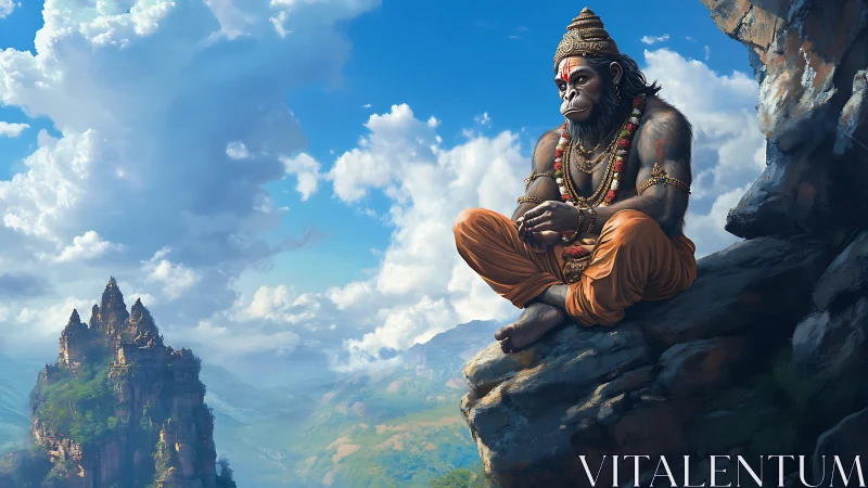 Digital painting of meditative Hanuman on cliffside ledge.